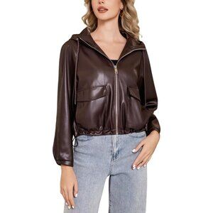 Women Brown Faux Leather Jacket Hooded Moto Biker Outwear Coat